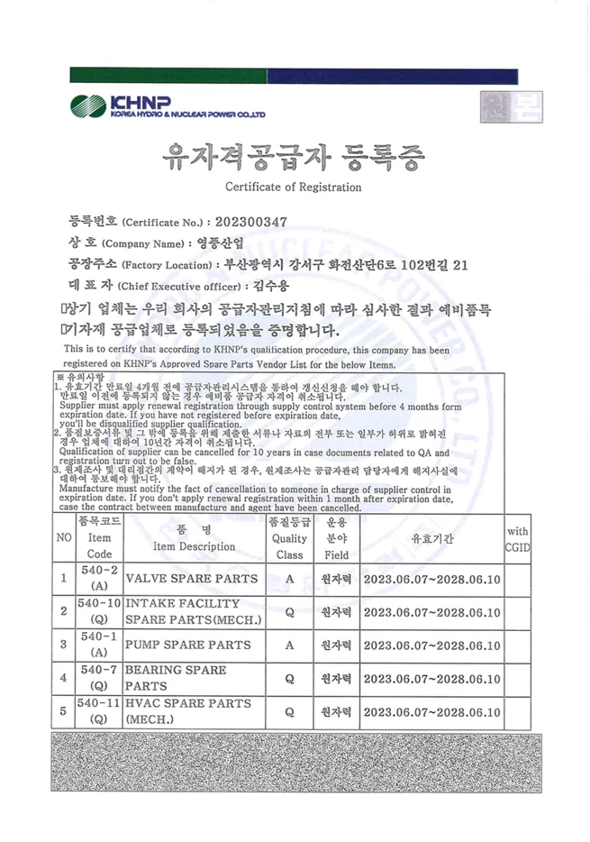 Registration certificate for qualified supplier